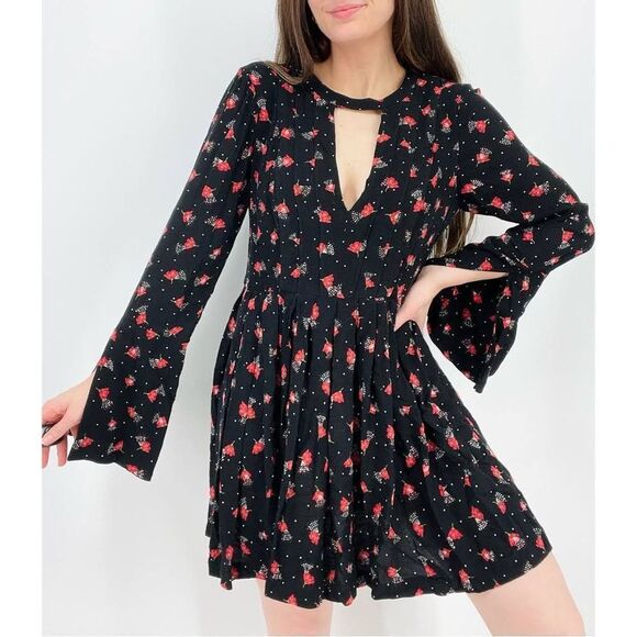 Free People Dresses & Skirts - Free People Women’s Floral Tegan Printed Cutout Mini Dress Black Size 0 …